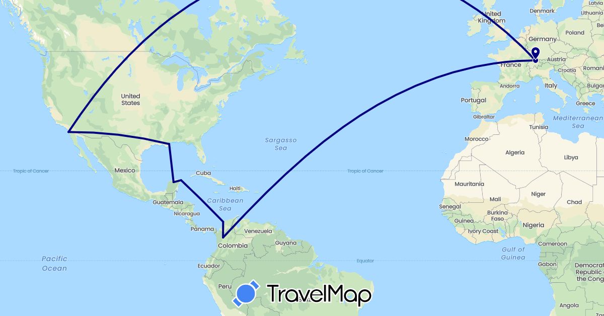 TravelMap itinerary: driving in Switzerland, Colombia, Mexico, United States (Europe, North America, South America)